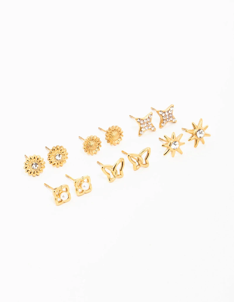 Waterproof Gold Plated Stainless Steel Cubic Zirconia Butterfly Stud Earrings 6-Pack