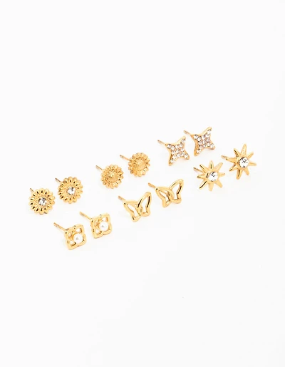 Waterproof Gold Plated Stainless Steel Cubic Zirconia Butterfly Stud Earrings 6-Pack