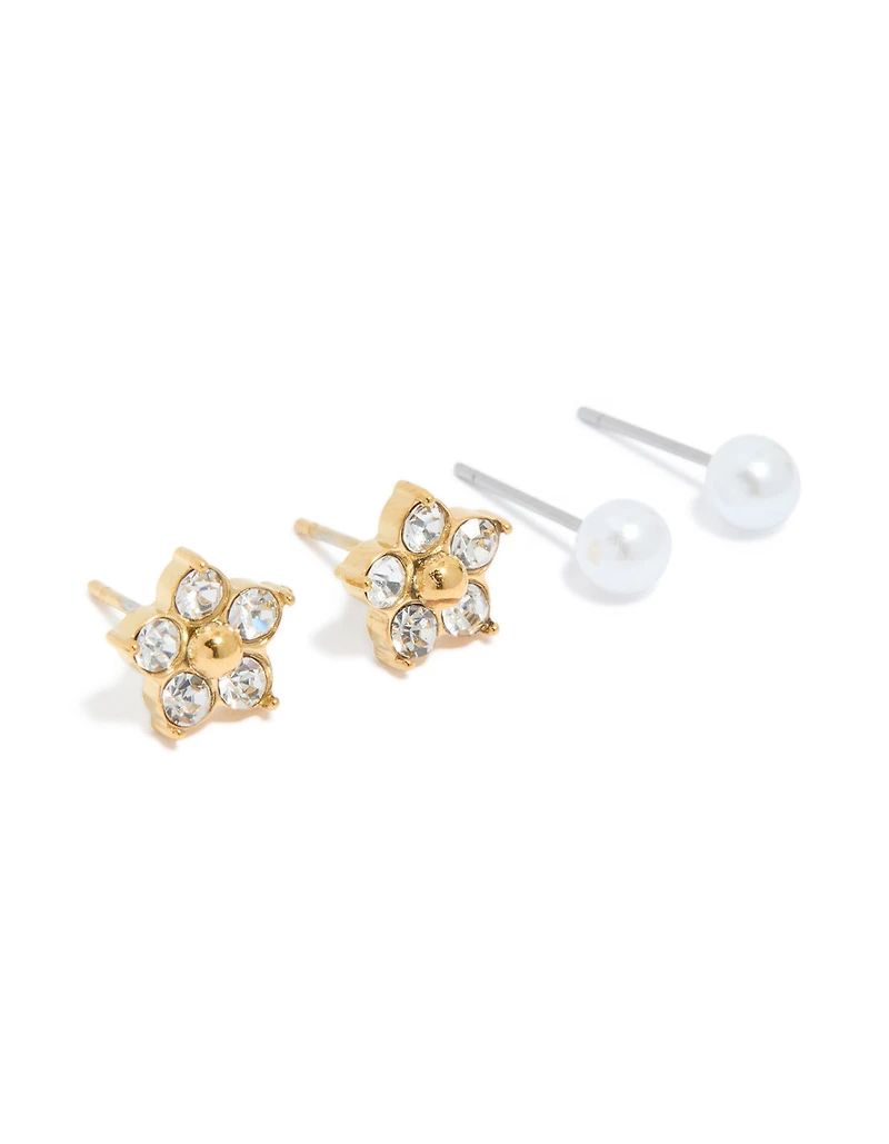 Waterproof Gold Plated Stainless Steel Pearl & Stud Earrings 3-Pack