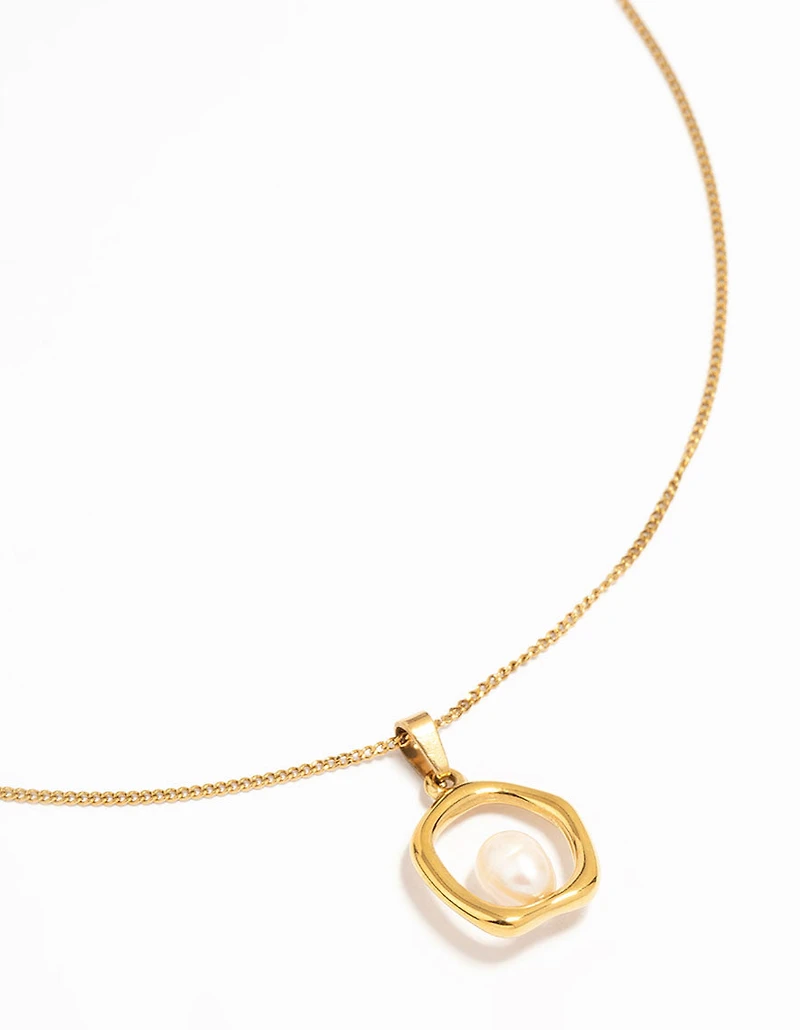Waterproof Gold Plated Stainless Steel Freshwater Pearl Molten Hoop Pendant Necklace