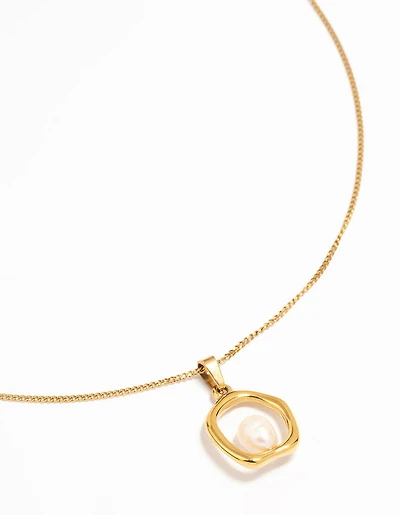 Waterproof Gold Plated Stainless Steel Freshwater Pearl Molten Hoop Pendant Necklace
