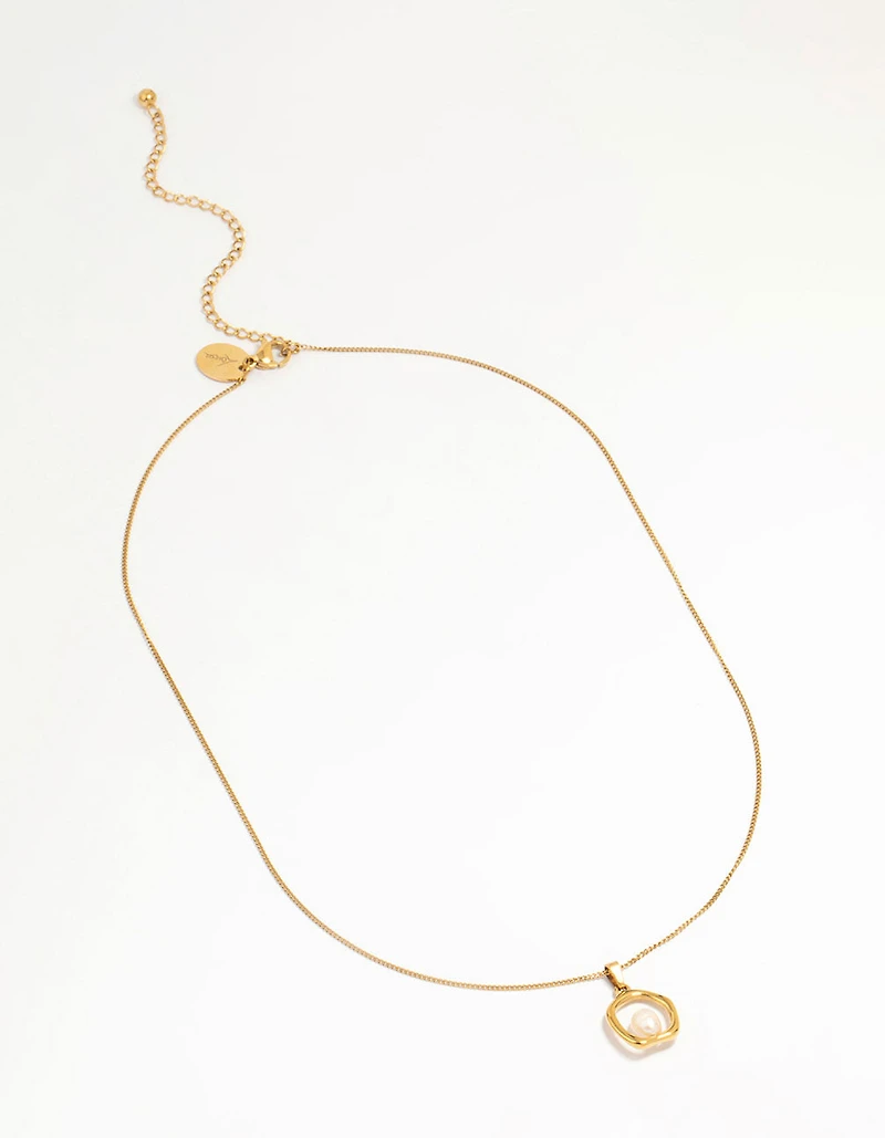 Waterproof Gold Plated Stainless Steel Freshwater Pearl Molten Hoop Pendant Necklace