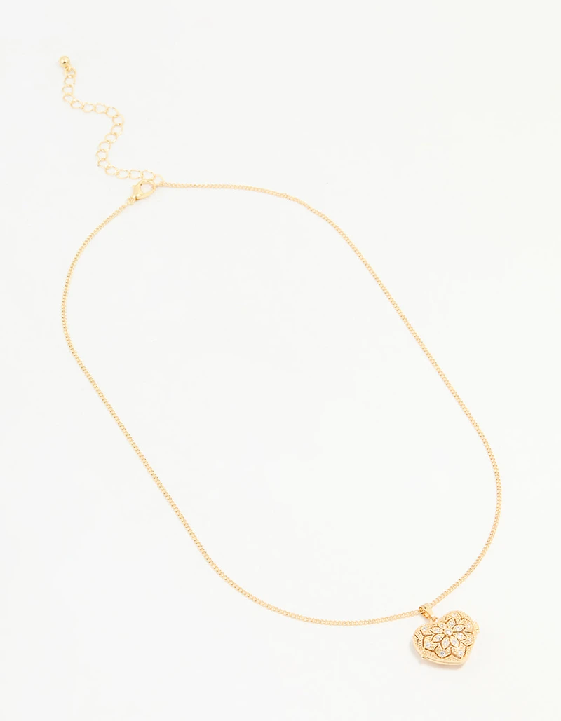 Gold Plated Cubic Zirconia Heart Locket Pendant Necklace