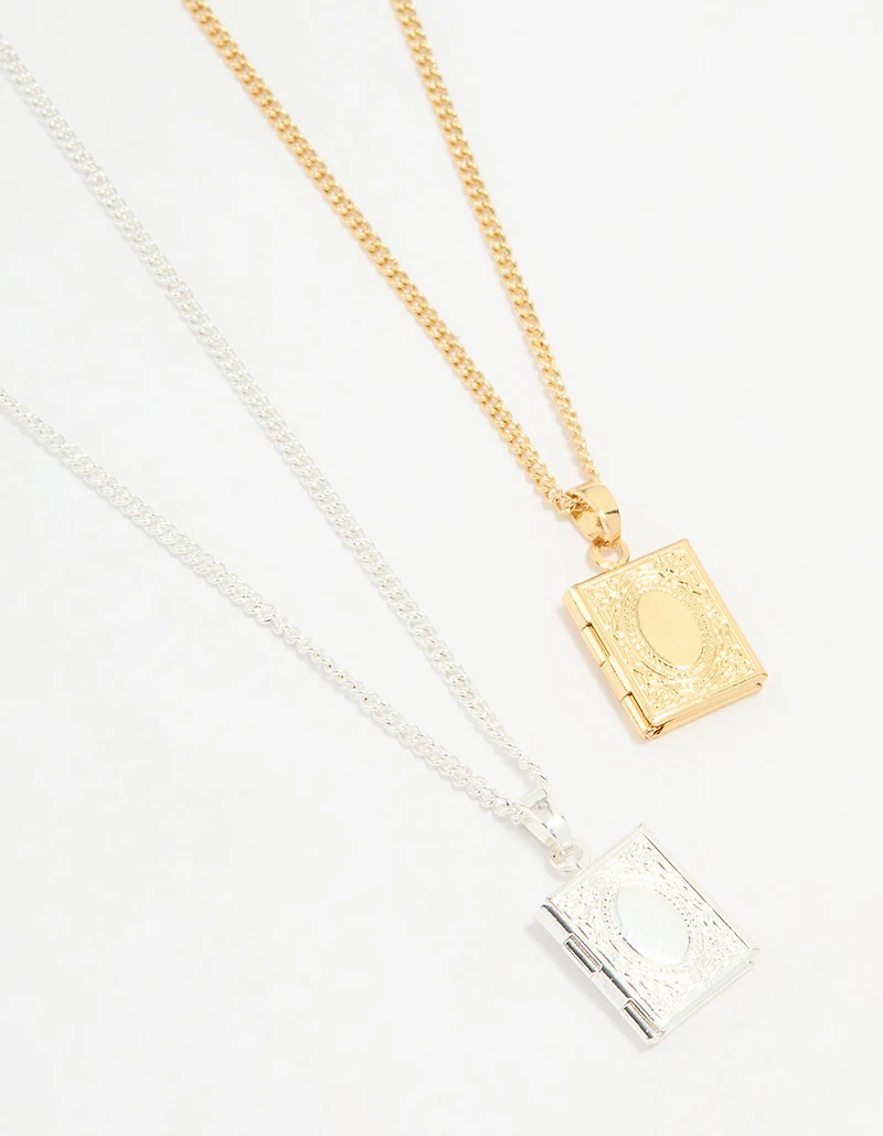 Gold & Silver Plated Locket Pendant Necklaces 2-Pack