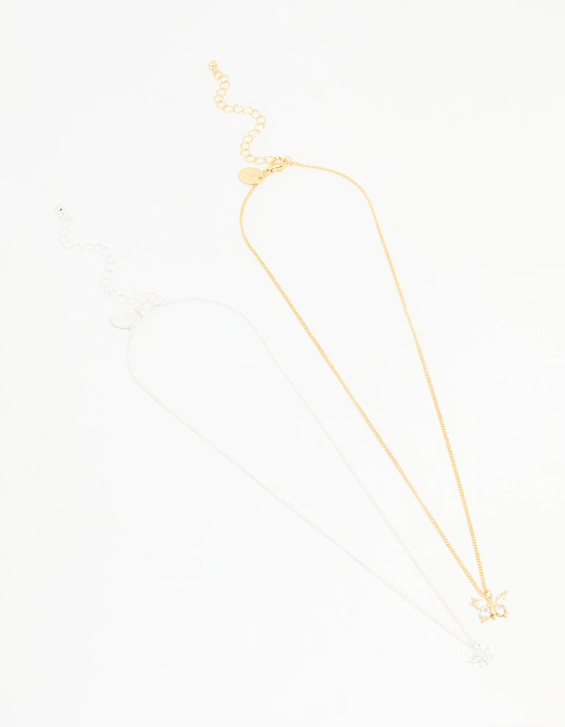 Mixed Metal Cubic Zirconia Butterfly Link Necklace Pack