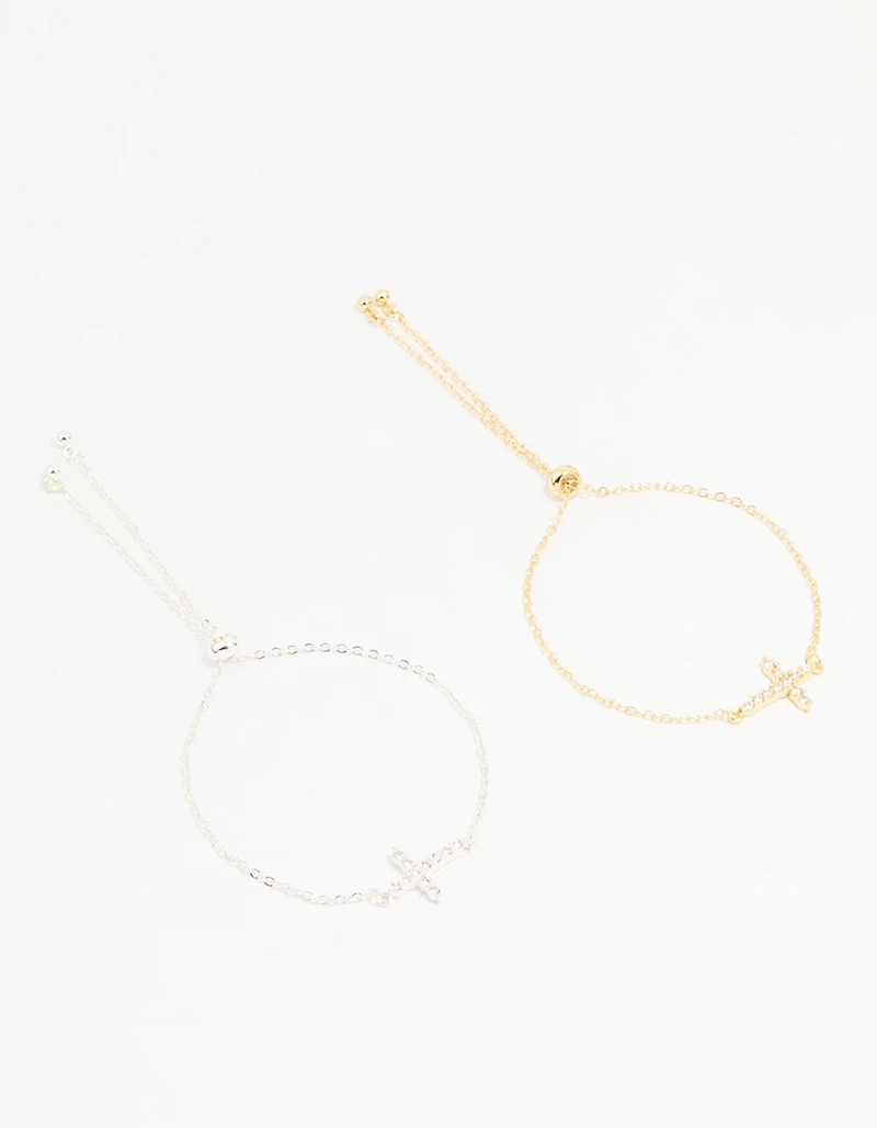 Mixed Metal Cubic Zirconia Cross Toggle Bracelets 2-Pack