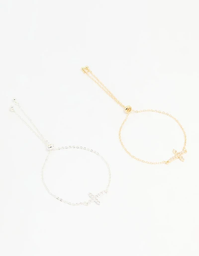 Mixed Metal Cubic Zirconia Cross Toggle Bracelets 2-Pack