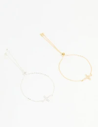 Mixed Metal Cubic Zirconia Cross Toggle Bracelets 2-Pack