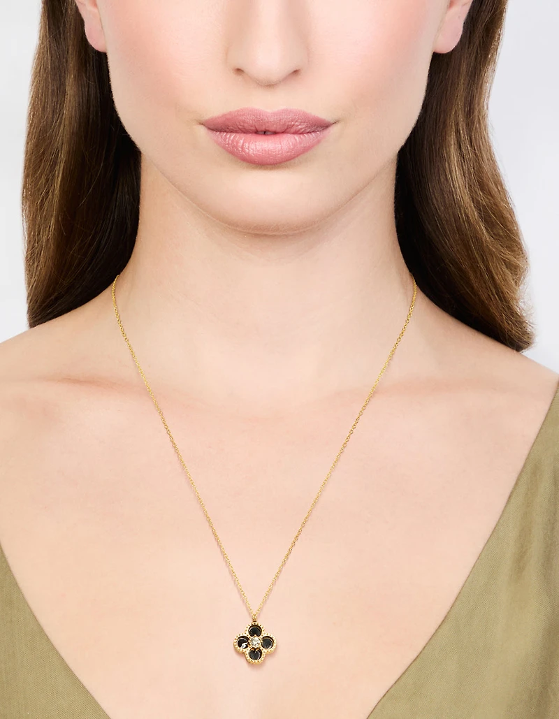 Waterproof Gold Plated Stainless Steel Black Flower Pendant Necklace