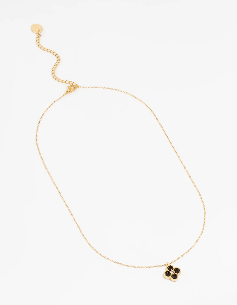 Waterproof Gold Plated Stainless Steel Black Flower Pendant Necklace