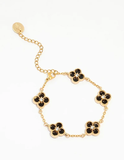 Waterproof Gold Plated Stainless Steel Black Flower Bracelet