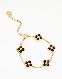 Waterproof Gold Plated Stainless Steel Black Flower Bracelet