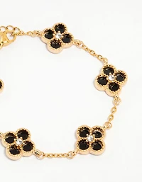 Waterproof Gold Plated Stainless Steel Black Flower Bracelet
