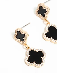 Gold Cubic Zirconia Black Flower Drop Earrings