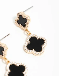 Gold Cubic Zirconia Black Flower Drop Earrings