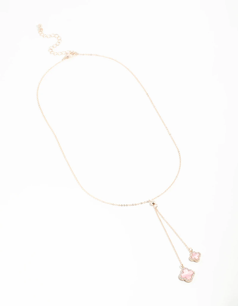 Rose Gold Cubic Zirconia Pink Flower Y-Necklace