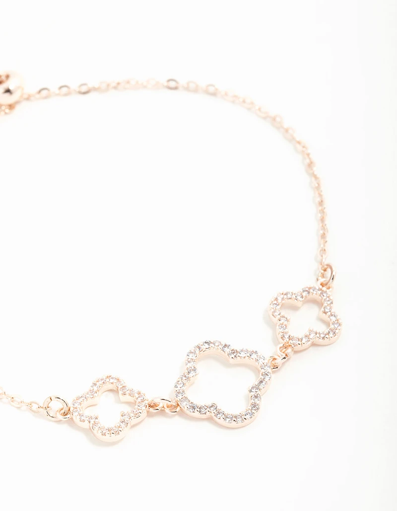 Rose Gold Cubic Zirconia Flower Trio Toggle Bracelet