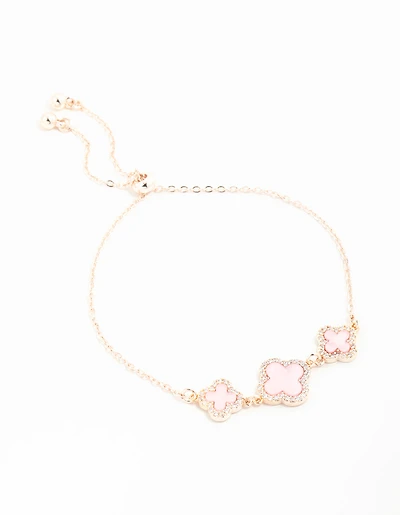 Rose Gold Cubic Zirconia Pink Flower Trio Toggle Bracelet