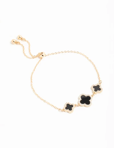 Gold Cubic Zirconia Black Flower Trio Toggle  Bracelet