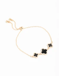 Gold Cubic Zirconia Black Flower Trio Toggle  Bracelet