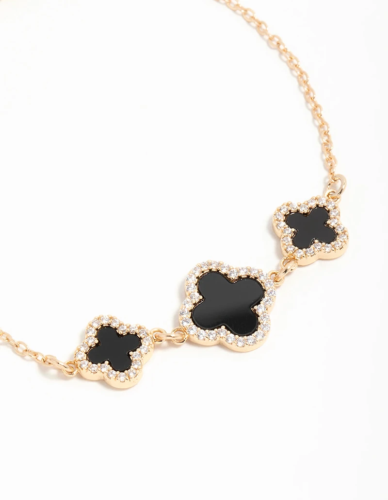 Gold Cubic Zirconia Black Flower Trio Toggle  Bracelet