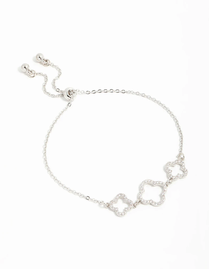 Silver Cubic Zirconia Flower Trio Toggle Bracelet