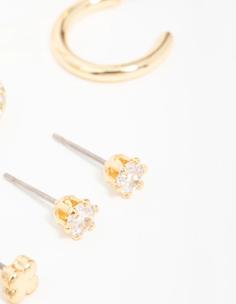 Gold Plated Diamante Flower Studs & Hoop Earrings 4-Pack