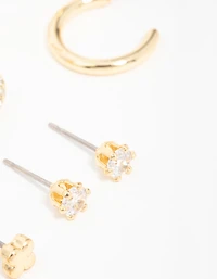 Gold Plated Diamante Flower Studs & Hoop Earrings 4-Pack
