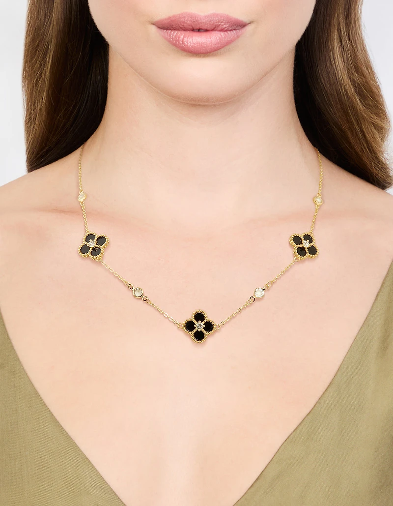 Gold Plated Cubic Zirconia Black Flower Pendant Necklace