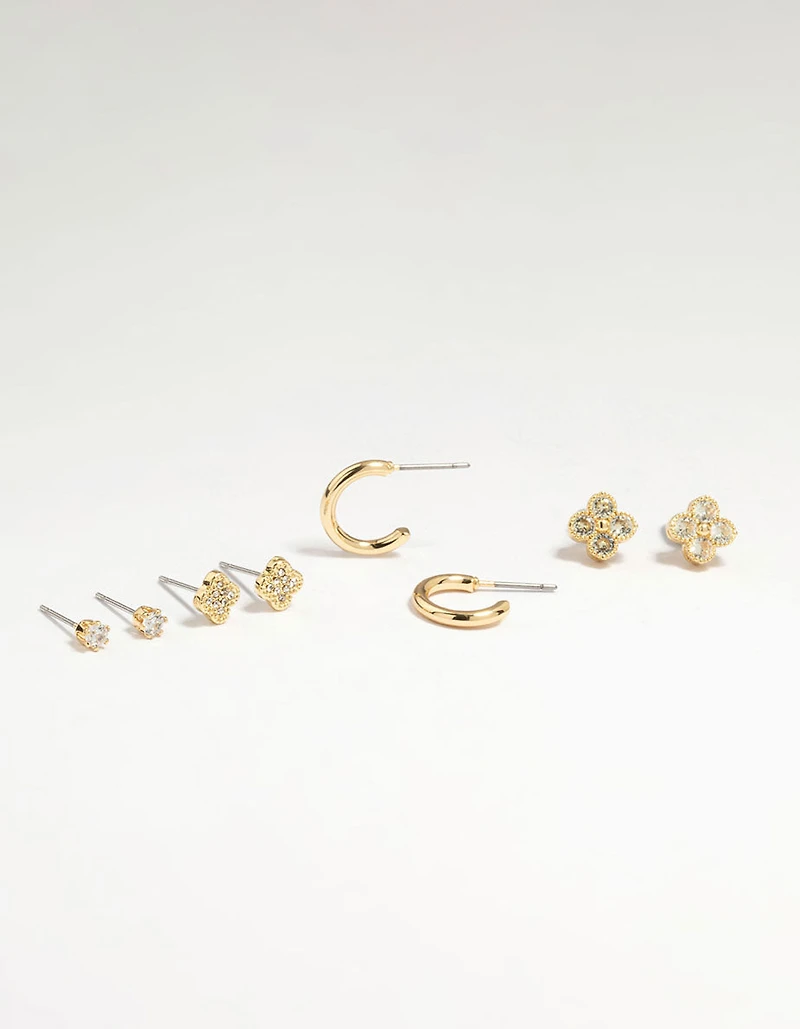 Bloc de 4 boucles d’oreilles en clous cubiques en zircone en laiton plaqué or et boucles d’oreilles Huggie