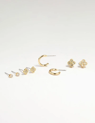 Bloc de 4 boucles d’oreilles en clous cubiques en zircone en laiton plaqué or et boucles d’oreilles Huggie