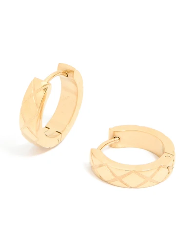 Waterproof Gold Plated Stainless Steel Textured Cut Huggie Earrings