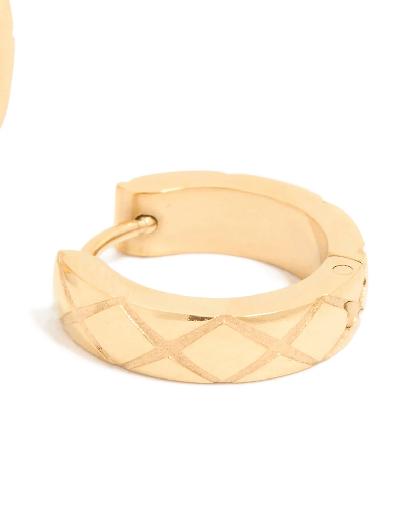 Waterproof Gold Plated Stainless Steel Textured Cut Huggie Earrings