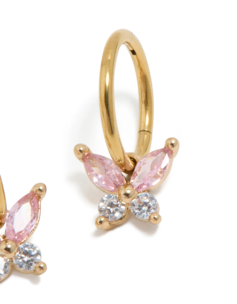 Boucles d’oreilles lit en papillon en zircone cubique rose en acier chirurgical plaqué or