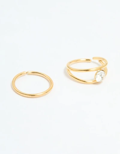 Gold Plated Surgical Steel Cubic Zirconia Layered & Smooth Nose Rings 2-Pack