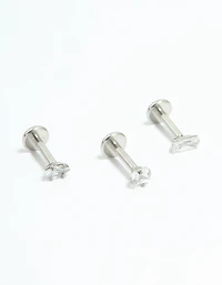 Surgical Steel Cubic Zirconia Mixed Shape Flat Back Studs 3-Pack
