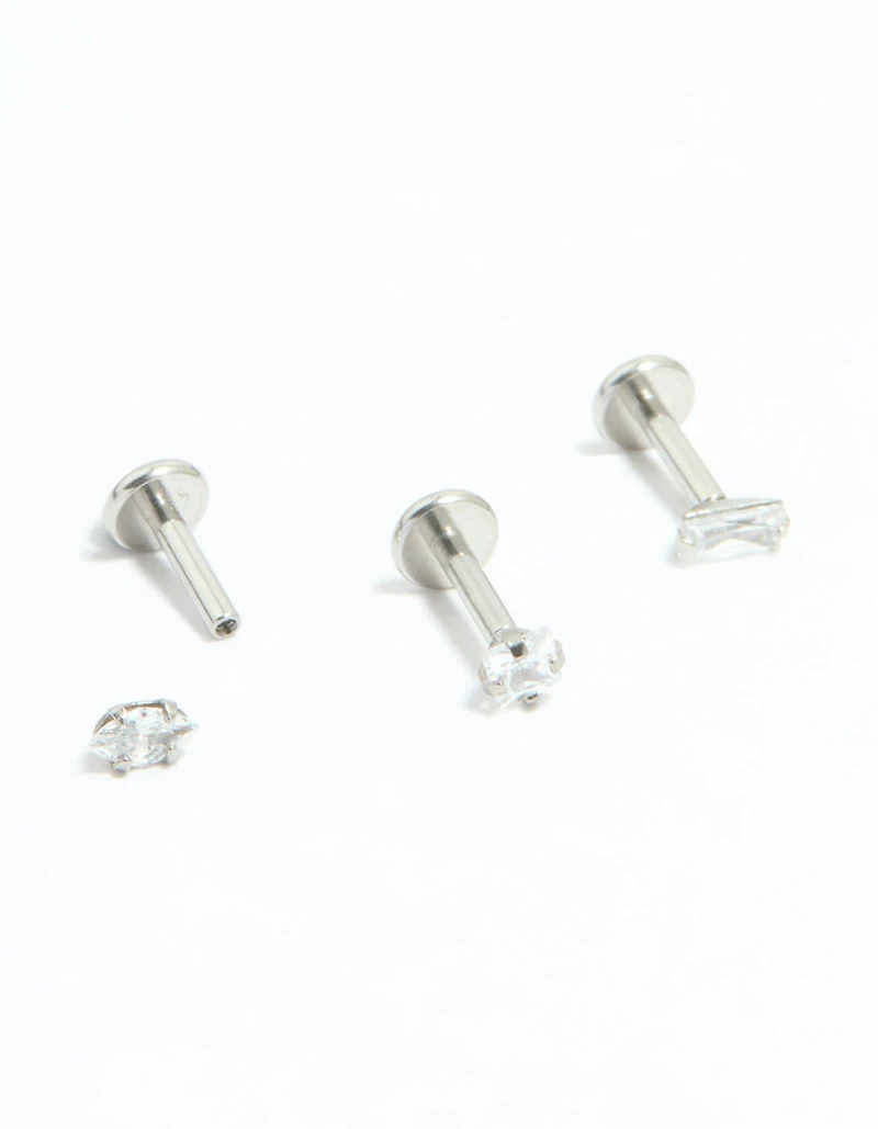 Surgical Steel Cubic Zirconia Mixed Shape Flat Back Studs 3-Pack