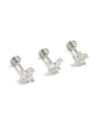 Surgical Steel Cubic Zirconia Floral Flat Back Studs 3-Pack