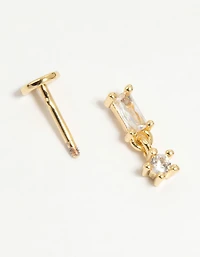 Gold Plated Surgical Steel Cubic Zirconia Baguette Drop Flat Back Stud