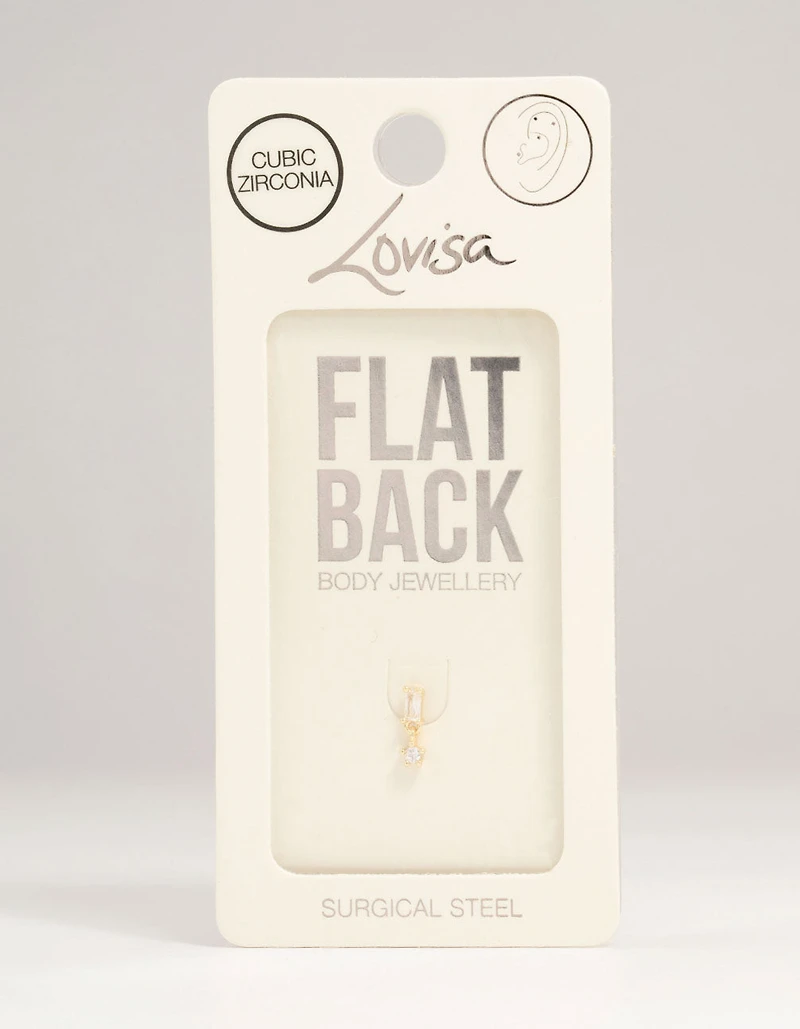 Gold Plated Surgical Steel Cubic Zirconia Baguette Drop Flat Back Stud