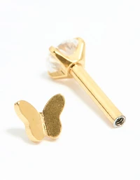 Gold Plated Surgical Steel Cubic Zirconia Reversible Butterfly Flat Back Stud