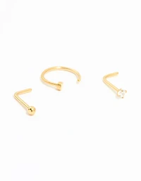 Gold Plated Titanium Cubic Zirconia Nose Ring & Studs 3-Pack
