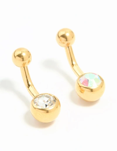 Gold Plated Titanium Cubic Zirconia Simple Belly Bars 2-Pack