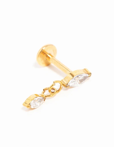 Gold Plated Titanium Cubic Zirconia Marquise Drop Flat Back Stud