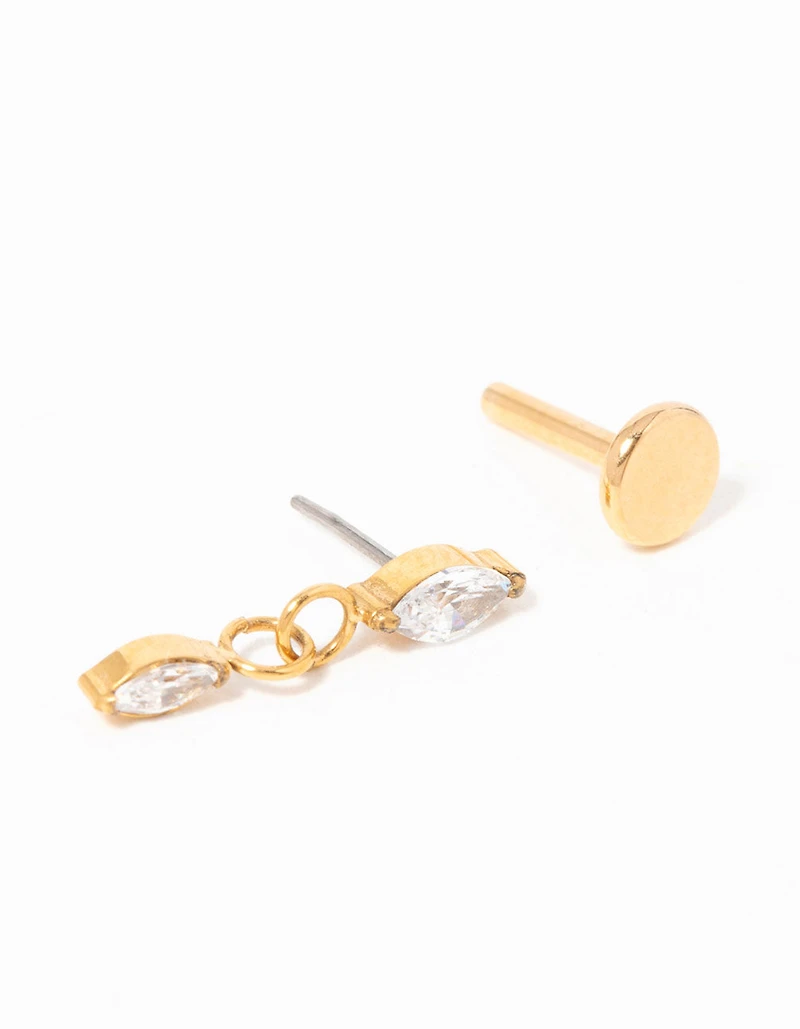 Gold Plated Titanium Cubic Zirconia Marquise Drop Flat Back Stud