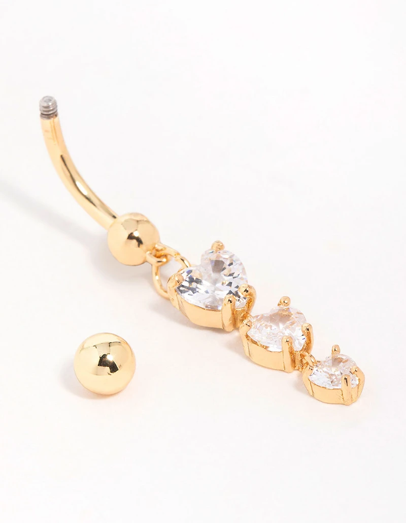 Gold Plated Surgical Steel Cubic Zirconia Triple Heart Belly Bar