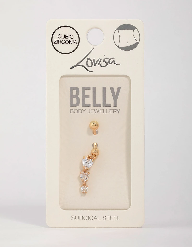 Gold Plated Surgical Steel Cubic Zirconia Triple Heart Belly Bar