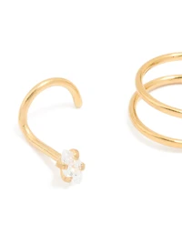 Gold Plated Surgical Steel Cubic Zirconia Nose Hook Studs & Nose Ring 3-Pack