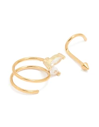 Gold Plated Surgical Steel Cubic Zirconia Nose Hook Studs & Nose Ring 3-Pack