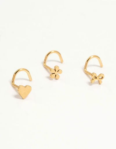 Gold Plated Surgical Steel Bow, Heart & Flower Nose Stud 3-Pack